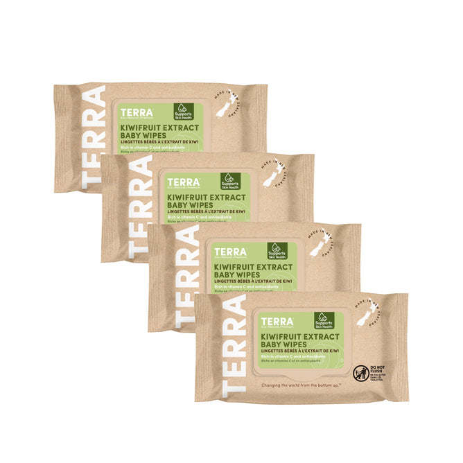 Three packs of Grove Collaboratives baby-wipes-kiwi-fruit with beige packaging, green labels, and a kiwi illustration are displayed. The text emphasizes their eco-friendly nature and natural extracts.