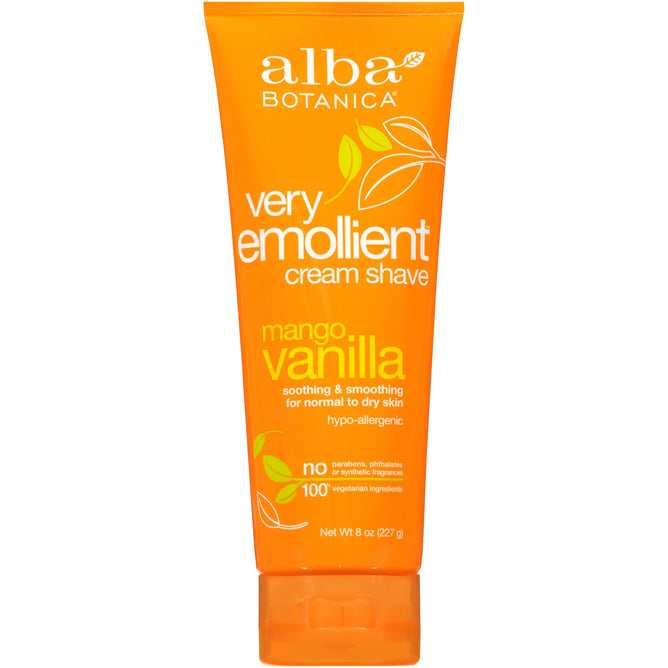 The Alba Botanica Shaving Cream in Mango Vanilla comes in an orange tube, is hypoallergenic, soothing for normal to dry skin, contains natural ingredients, and is free from parabens, phthalates, and synthetic fragrances. Net weight: 8 oz.