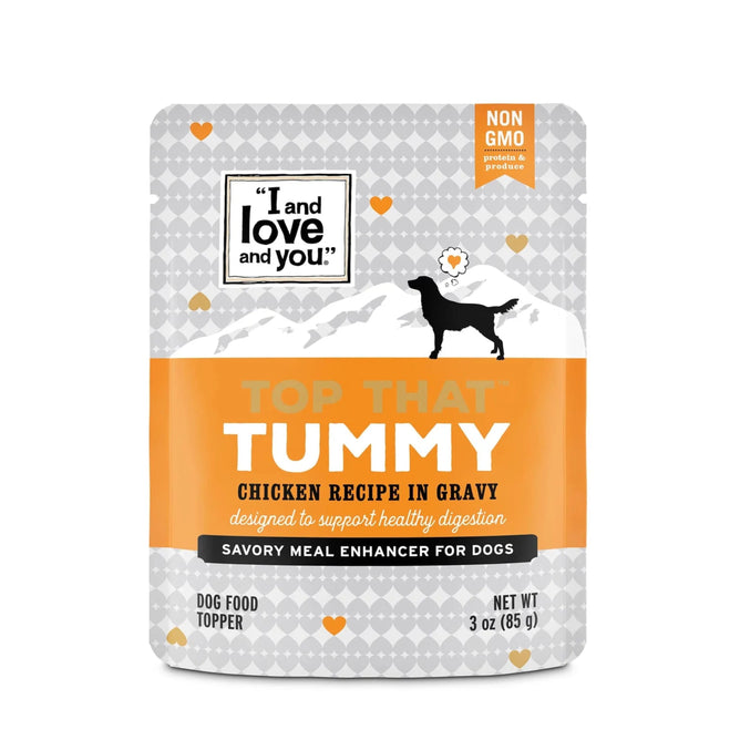 I and Love and Yous Top That Tummy Chicken Recipe in Gravy is a 3 oz meal enhancer made with USA farm-raised, non-GMO chicken that supports digestion with prebiotics. The package features a dog silhouette.