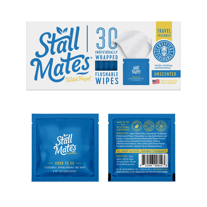 Discover the convenience of Stall Mates Flushable Wipes, featuring soothing witch hazel. Each travel-friendly packet includes 30 unscented, individually wrapped wipes. Enjoy detailed front and back views of a single wipe for all your on-the-go needs.