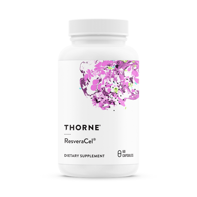 Thornes ResveraCel® dietary supplement comes in a white bottle with an abstract purple and pink label, containing 60 capsules. Enhanced with nicotinamide riboside, it supports cellular metabolism to help combat aging effectively.