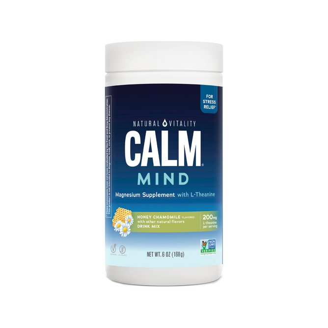 Natural Vitalitys CALM Magnesium Supplement Drink Mix is a honey chamomile flavored powder that promotes stress relief with L-theanine, offers 200 mg of magnesium per serving, and is non-GMO verified. Net weight: 6 oz (168 g).