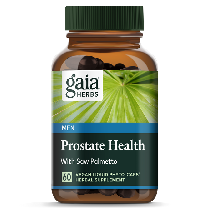 Gaia Herbs Prostate Health is a vegan liquid phyto-caps supplement for men containing 60 capsules, featuring Saw Palmetto. The label, designed with a green palm leaf, emphasizes prostate health maintenance.