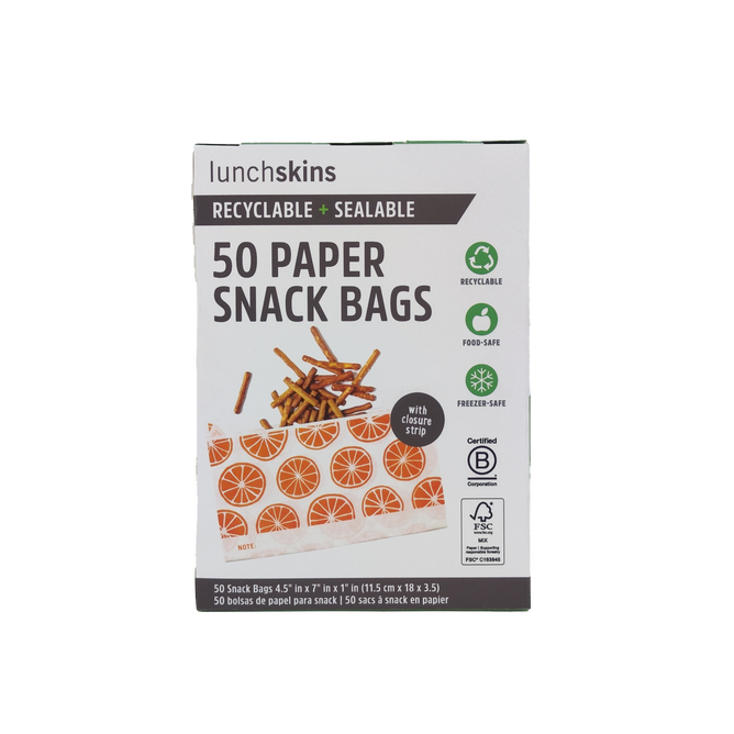 Lunchskins Paper Snack Bags - Orange are recyclable, sealable, food-safe bags with an orange slice design, ideal for food storage or freezer use. Comes in a box of 50.