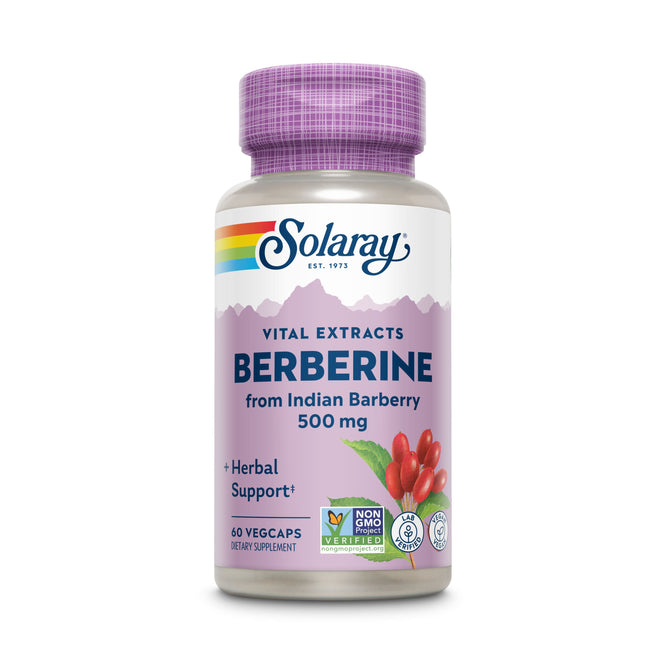 A bottle of Solaray Vital Extracts Berberine from Indian Barberry, 500 mg dietary supplement contains 60 non-GMO vegan capsules. Ideal for keto diets, the packaging features an image of red barberries and herbal support logos.