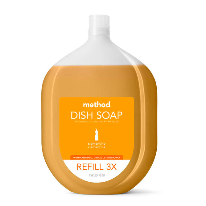 A 1.9L bottle of Method Dish Soap Refill in transparent recycled plastic has a handle, white cap, and orange Clementine Sea Minerals label. Its an ultra grease-fighting formula that refills 3x.