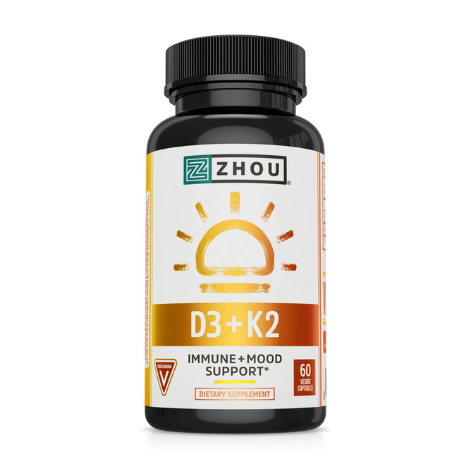 The Zhou Nutrition D3 + K2 supplement offers immune support and mood enhancement with 60 veggie capsules. Its stylish sun motif design emphasizes the benefits of Vitamin D3 and K2 to enhance your wellness routine.