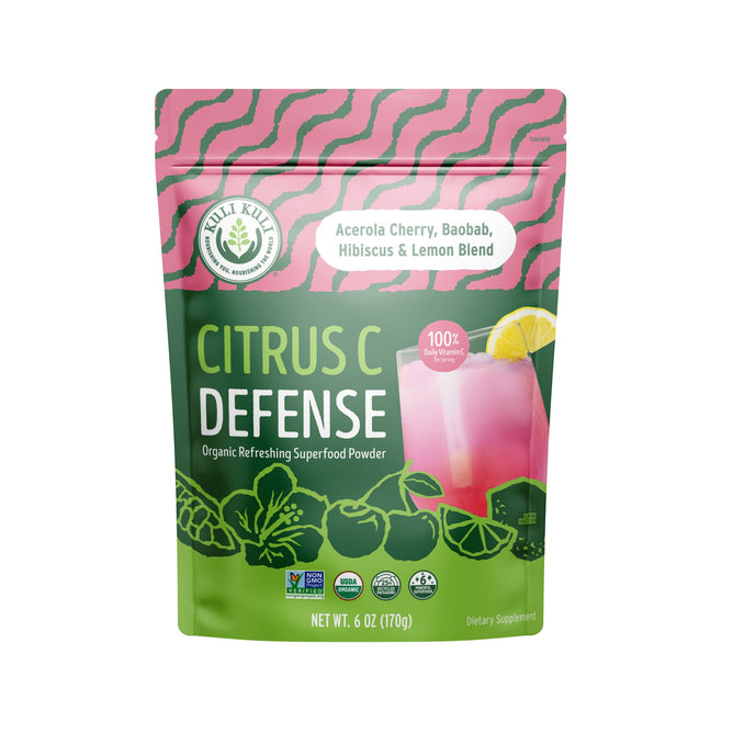 A 6 oz (170g) pouch of Citrus C Defense Organic Blend by Kuli Kuli Foods. Features pink and green packaging with citrus fruits and text: Acerola Cherry, Baobab, Hibiscus & Lemon Blend. Its a dietary supplement providing 100% daily value of Vitamin C.