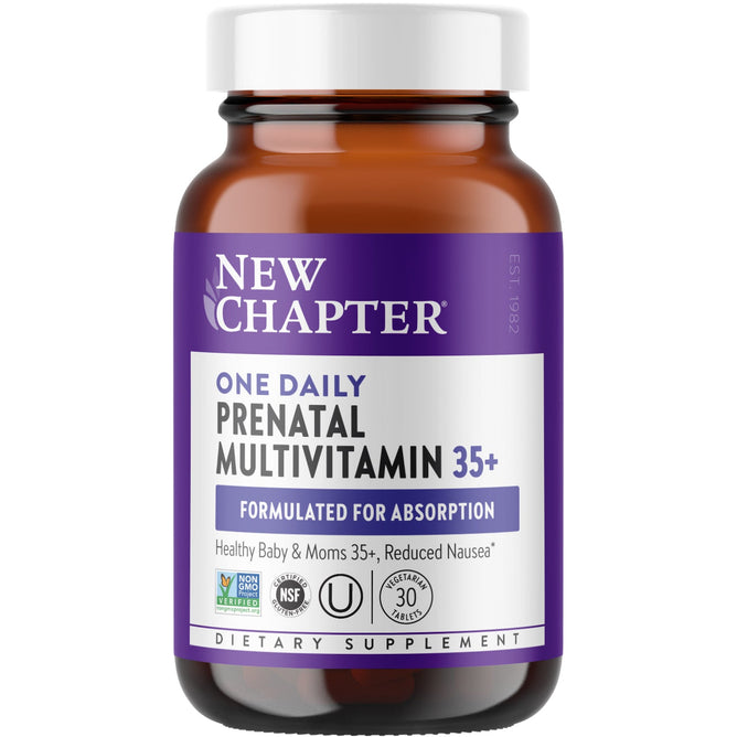 New Chapters One Daily Prenatal Multivitamin 35+ for Healthy Baby & Mom has a purple label and offers a once-daily dose. Featuring NSF certification, organic ingredients, and cognitive-supporting Methylfolate, it provides enhanced wellness with reduced nausea for those aged 35+.