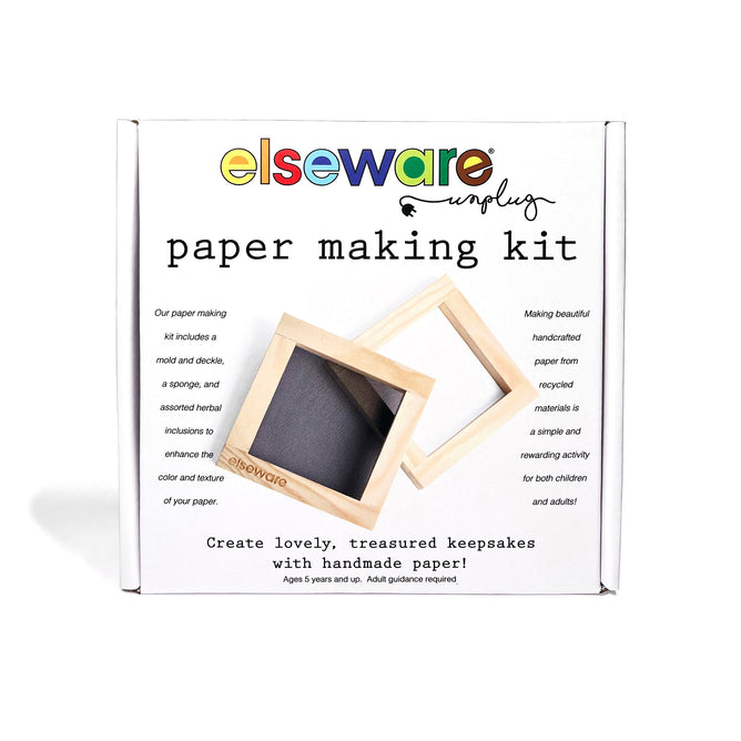 Image of the Paper Making Kit by Elseware Unplug. The kit includes two wooden frames and black screen materials, perfect for ages 5+ to create handmade recycled paper. Encourage creativity using eco-friendly, recycled materials.