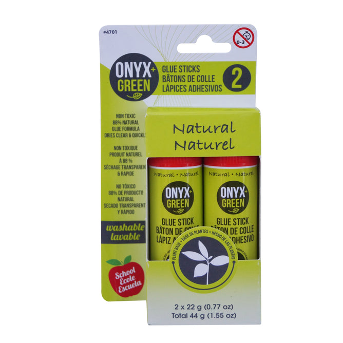 The Onyx and Green Plant Based Glue Stick comes as a pair in sturdy cardboard packaging, emphasizing non-toxic, plant-based materials. Labeled Natural and School in English, French, and Spanish, each 44g (1.55 oz) washable stick is perfect for eco-conscious consumers.