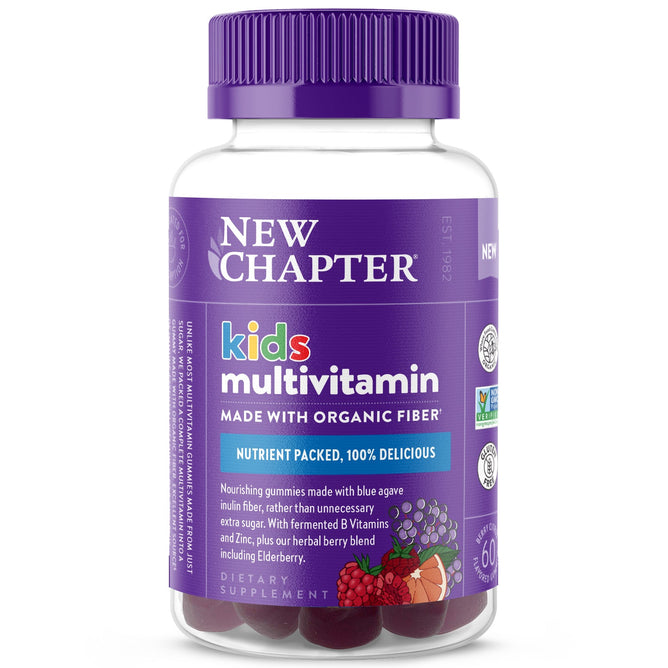 A jar of New Chapter Kids Multivitamin Gummies, Nutrient Packed & Less Sugar offers 100% delicious gummies with a purple and white label that promises immune support using organic ingredients, highlighted by colorful fruit images. Each jar includes 60 vitamin gummies for kids.