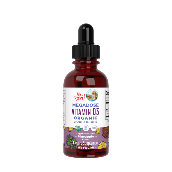 MaryRuths Vitamin D3 Drops enhance bone strength and boost immunity, featuring a pineapple flavor. Its USDA organic, non-GMO, vegan, gluten-free, and sugar-free with a black dropper cap for easy use.