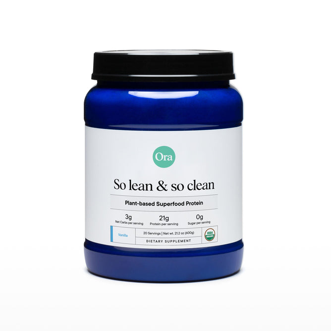 The blue Ora Organic container is labeled So Lean & So Clean: Daily Active Plant Protein and holds a plant-based protein powder with a vanilla flavor. It boasts 21g of protein, essential amino acids, 3g net carbs, and 0g sugar per serving, offering 20 servings per container.