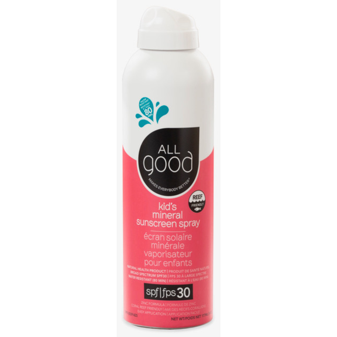 The Kids Sunscreen Spray - SPF 30 by All Good comes in a pink and white can adorned with a water droplet image. It offers broad-spectrum protection, is reef-friendly, water-resistant, and features bilingual labeling in English and French.