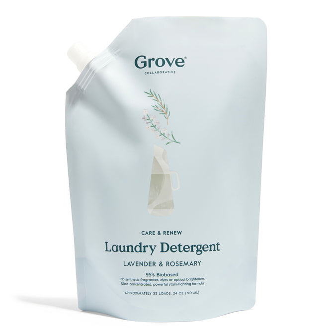 A light blue pouch of Grove Co. Care & Renew Liquid Laundry Detergent is shown, featuring a minimalist floral design. The label highlights a lavender and rosemary scent, plant-based ingredients, 95% biobased content, and EPA Safer Choice certification. Designed for 53 loads.