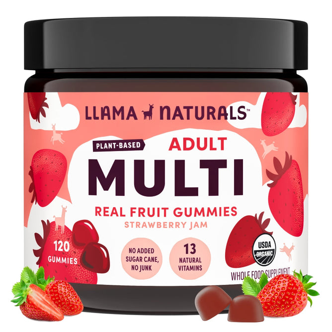 A jar of Llama Naturals Adults Real Fruit Multivitamin Gummies offers a real-fruit strawberry jam flavor with vegan-friendly ingredients, no added sugar, 13 natural vitamins, and plant-based benefits. It features strawberry illustrations and the USDA organic logo for authenticity.