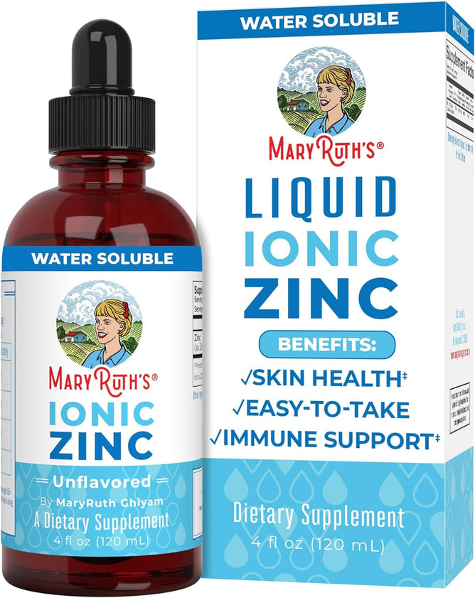 A bottle and box of MaryRuths Liquid Ionic Zinc (VIP Discount), with a dropper top and blue label, highlights water solubility plus skin health and immune support benefits from these liquid zinc drops.
