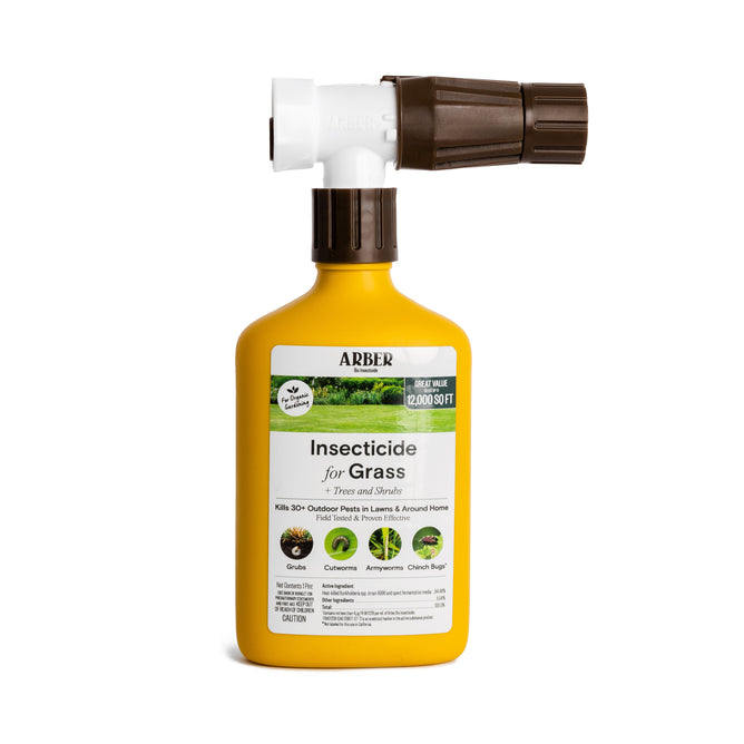 A yellow bottle of Arbers Organic Insecticide for Lawn, Tree, and Shrub, RTS features a spray nozzle and is labeled for use on outdoor lawn pests and around the home. It effectively covers up to 12,000 sq ft and is chemical-free.