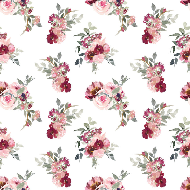 The Dissolvable Wrapping Paper by Waterleaf Paper Company features a seamless floral pattern with watercolor-style pink and burgundy flowers and green leaves on a white background, creating an eco-friendly design that repeats evenly for a harmonious and vibrant appearance.