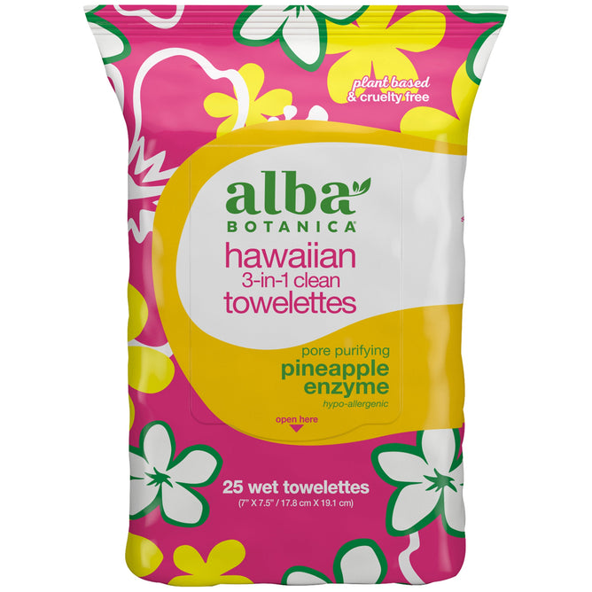 A pack of Alba Botanica Hawaiian Clean Towelettes 3-in-1, ideal for facial cleansing and makeup removal, features a floral design in pink and yellow. Made with plant-based, cruelty-free, hypoallergenic ingredients including pore-purifying pineapple enzyme. Includes 25 wet towelettes.