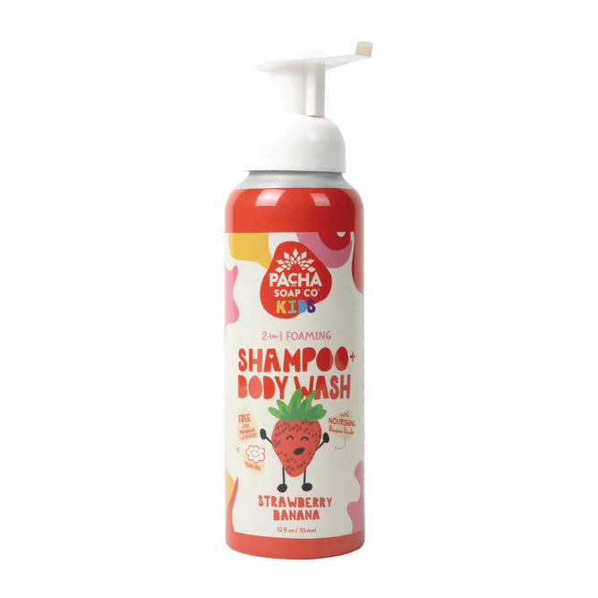 The Pacha Soap Co. Foaming 2-in-1 Shampoo and Body Wash in Strawberry Banana scent features a white bottle with red accents, playful fruit illustrations, and a pump dispenser. Its non-toxic ingredients provide a gentle bath experience for worry-free fun.