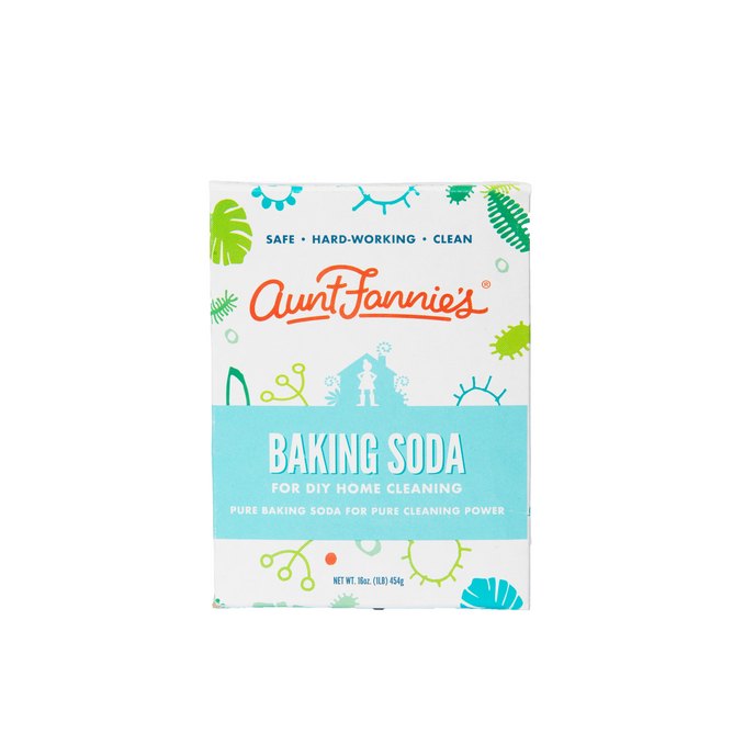 Aunt Fannies Baking Soda features green and blue graphics with Safe • Hard-Working • Clean text, designed for versatile home cleaning and deodorizing. The 16 oz (454g) box includes household-cleaning illustrations.