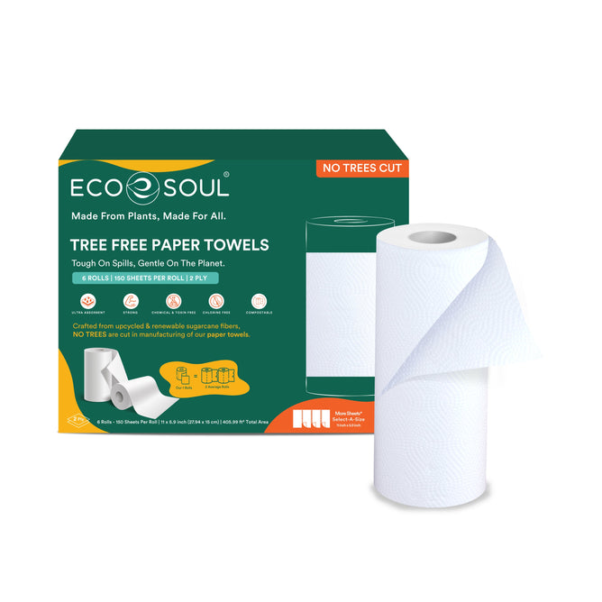 Eco Souls Tree Free Paper Towels are showcased, crafted from upcycled sugarcane fibers. The packaging highlights No Trees Cut and Made From Plants with 6 eco-friendly rolls of 150 sheets each, accompanied by a single roll beside the box.