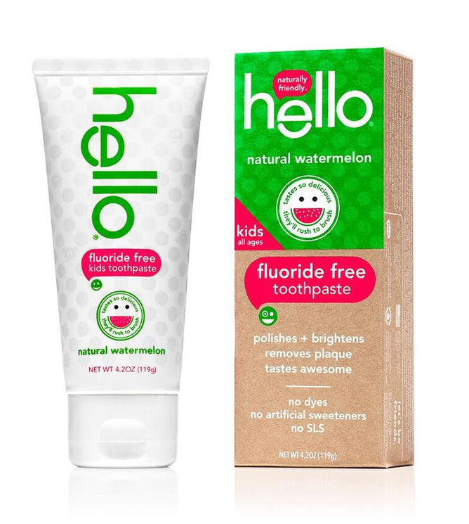 Hellos Kids Fluoride Free Toothpaste in Natural Watermelon flavor features a white and green tube and box with a smiley watermelon design, highlighting benefits like plaque removal without artificial dyes or sweeteners.