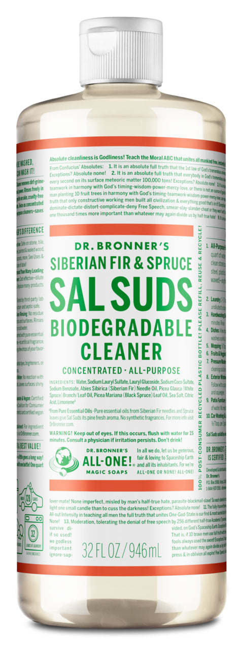 A 32 fl oz bottle of Dr. Bronners All-Purpose Cleaner features a Siberian Fir & Spruce scent, with green and red text on the label highlighting its ingredients and cruelty-free certification, assuring both effectiveness and ethical responsibility.