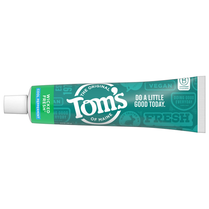 Toms of Maines Wicked Fresh Fluoride Toothpaste in Cool Peppermint flavor offers cavity protection and comes in teal and white packaging. Its vegan, B Corp certified, and fluoridated, encouraging you to Do A Little Good Today.