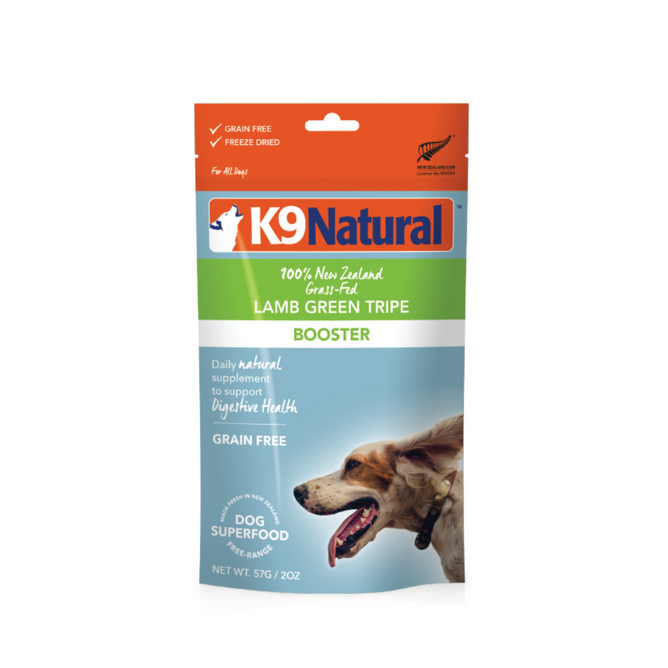 The 57g/2oz K9 Natural Grain-Free Freeze-Dried Dog Food Supplement Booster features 100% New Zealand ingredients. The package shows a cheerful dog running and is made from New Zealand lamb green tripe.