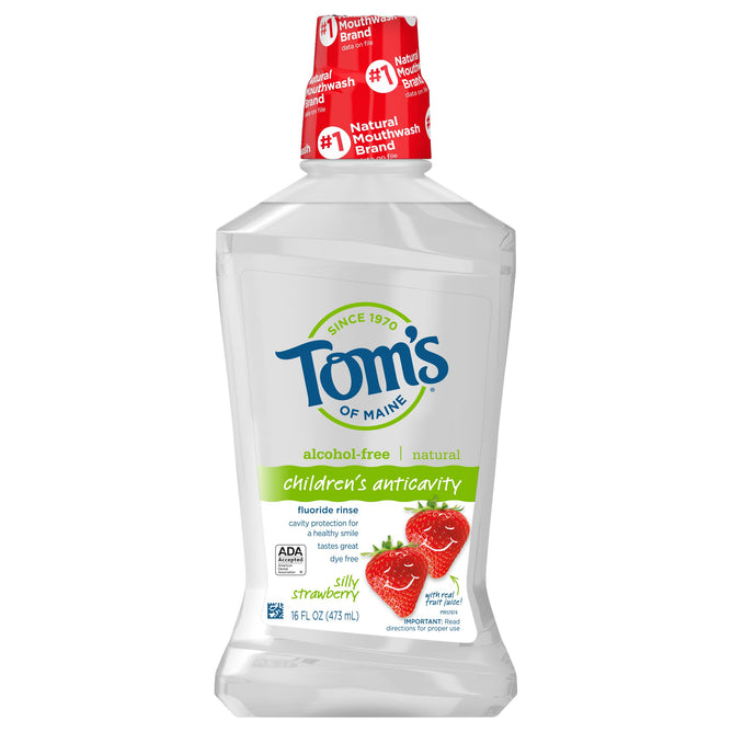 The 16 fl oz Silly Strawberry Childrens Fluoride Rinse by Toms of Maine is alcohol-free, natural, and has a silly strawberry flavor. The label features two cartoon strawberries and highlights it as the #1 natural mouthwash brand for kids oral care.