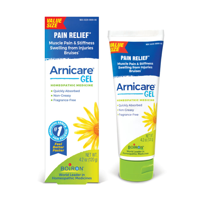 The Arnicare Gel by Boiron, made from Arnica plants, is for muscle pain, stiffness, and bruising. It absorbs quickly, is non-greasy and fragrance-free. The packaging showcases yellow flowers with green text accents.
