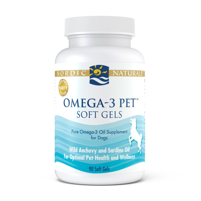 A white bottle of Omega-3 Pet by Nordic Naturals contains 90 soft gels made with sustainably sourced wild anchovy and sardine oil, featuring a horse graphic on the label as a mark of quality.