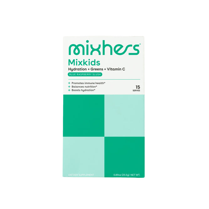Mixhers Kids Hydration + Greens + Vitamin C Powder in Blue Raspberry Slush flavor delivers a tasty hydration boost with greens and Vitamin C to support immune health. The mostly green and white packaging contains 15 servings and highlights its nutrition-boosting benefits for kids.