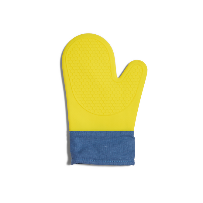 The Grove Co. Silicone Oven Mitt features a textured, food-safe, yellow silicone grip in a honeycomb pattern with a blue fabric cuff. Its machine washable and displayed flat on a white background.
