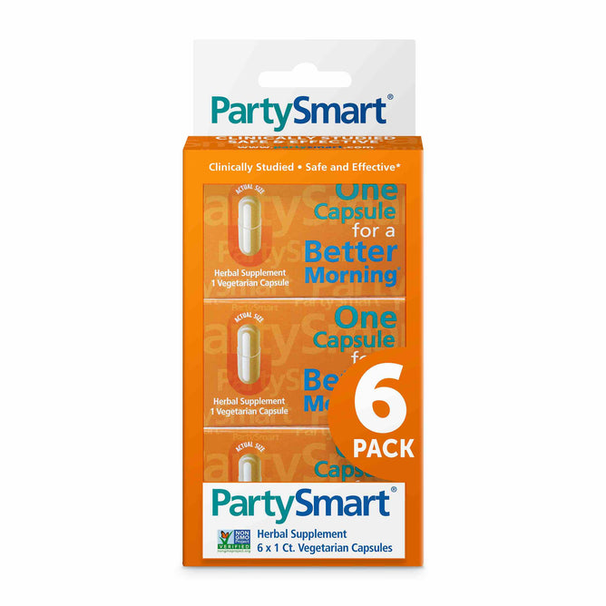 The Himalaya PartySmart herbal supplement comes in an orange box labeled One Capsule for a Better Morning. It features 6 vegetarian capsules and promotes liver support with its clinically studied, safe formula.