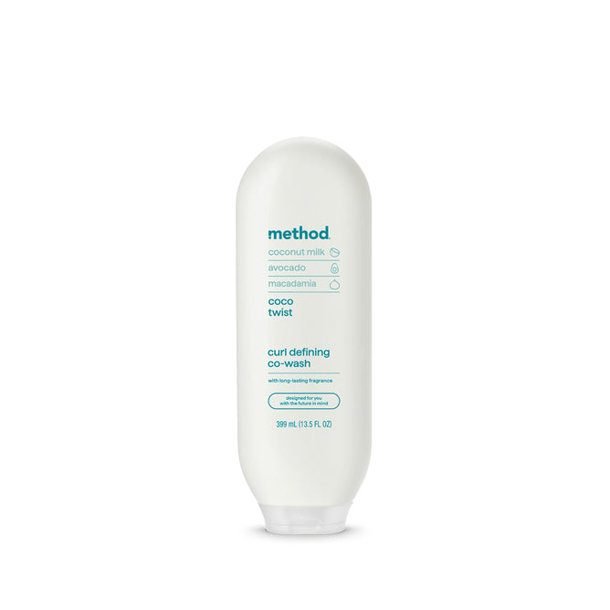 A 390 ml white bottle of methods Curl Defining Co-Wash boasts a cruelty-free formula with coconut milk, avocado, and macadamia. The coco twist label ensures a weighty fragrance for textured hair.
