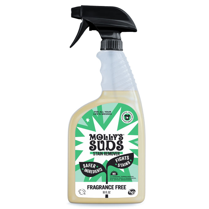 Image of a Mollys Suds Stain Spray, 16 fl oz bottle, featuring Safer Ingredients and Fights Stains. This fragrance-free spray uses enzymes to lift stains naturally and is ideal for sensitive skin, showcased in its green and white design.