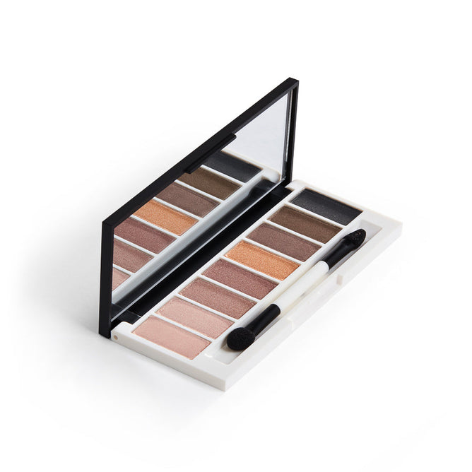The Lily Lolo Eye Palette includes ten wearable shades from pink to dark gray in an open eyeshadow set. The sleek black and white case features a mirror, a dual-ended applicator, and natural ingredients for a flawless finish.