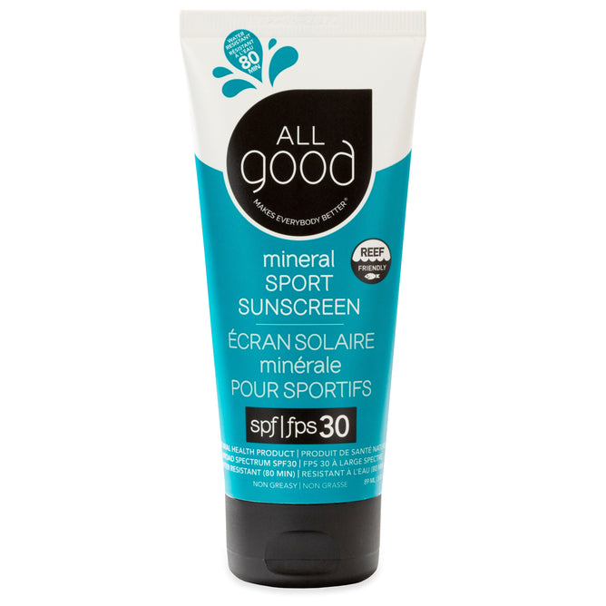 All Good Mineral Sport Sunscreen SPF 30 comes in a blue and white tube, is reef-friendly, non-greasy, and has bilingual text in English and French.