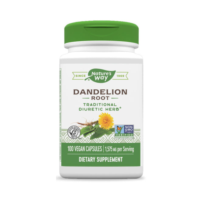 Natures Way Dandelion Root features a green cap and a label with a yellow dandelion flower. It contains 100 vegan capsules, delivering 1,575 mg per serving. Non-GMO Project Verified, its ideal for those interested in herbal teas and using diuretic herbs.
