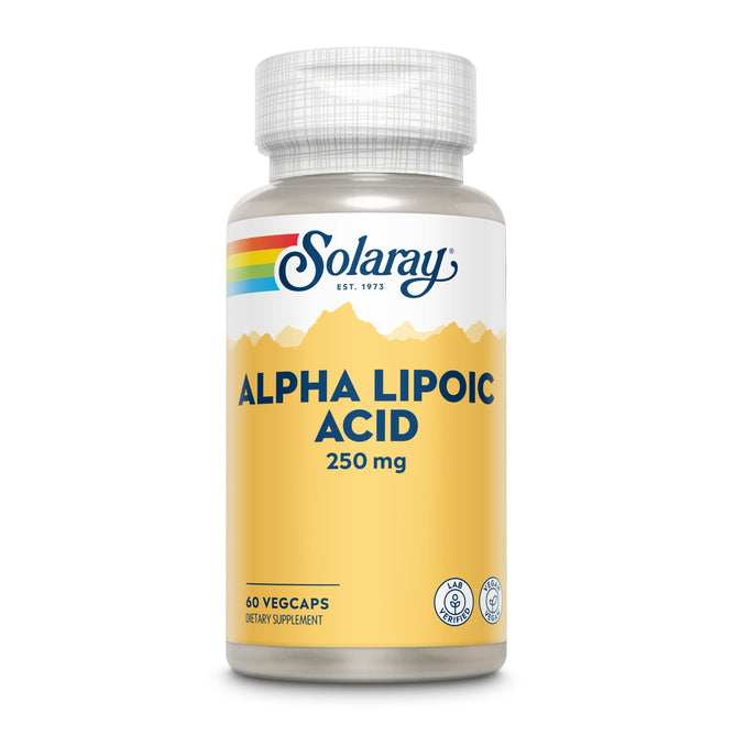 A bottle of Solaray Alpha Lipoic Acid, 250 mg, offers antioxidant support for healthy aging. The label features a mountain design and rainbow stripe and contains 60 vegetarian capsules, highlighting the brands quality commitment since 1973.
