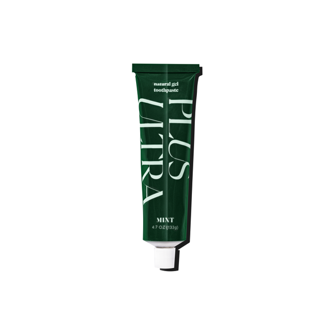 The Plus Ultra All Natural Gel Toothpaste features a minty fresh formula in a green 4.7 oz (133 g) tube, with bold white lettering and a convenient bottom white cap, promising to whiten your smile naturally.