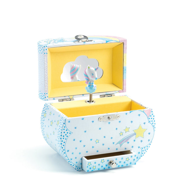 The DJECO Unicorn Dreams Musical Treasure Box is a vibrant unicorn-themed jewelry box with a cloud design. Open the lid to find a unicorn figurine and mirror inside, while stars and rainbows adorn the exterior. It also features a tiny drawer at the bottom for extra storage.