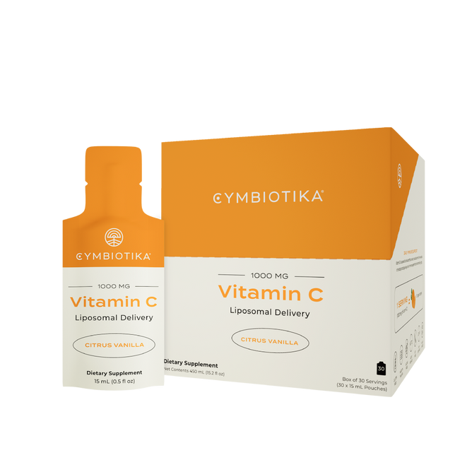 Cymbiotikas Liposomal Vitamin C in Citrus Vanilla offers 1000 MG of Vitamin C per serving to support immune function. The package includes 30 servings and features a sleek white, orange, and gray design.