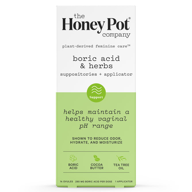 The Honeypot Companys Suppositories + Applicator feature boric acid suppositories with cocoa butter and tea tree oil, designed for feminine care to support vaginal pH balance. The product includes 14 ovules and an applicator for convenience.