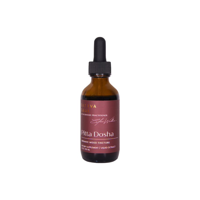 A brown glass dropper bottle labeled Organic Pitta Tincture - Mood Support with red and gold text, branded as Sattva Soul. Contains 2 fl oz of dietary supplement liquid extract.