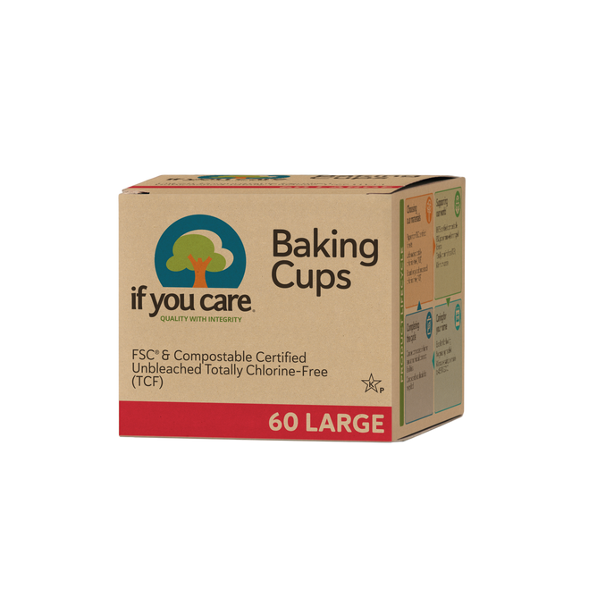 A box of If You Care Large Baking Cups, featuring FSC and compostable certification, totally chlorine-free with easy release. The package contains 60 large cups with a tree logo and colorful icons.